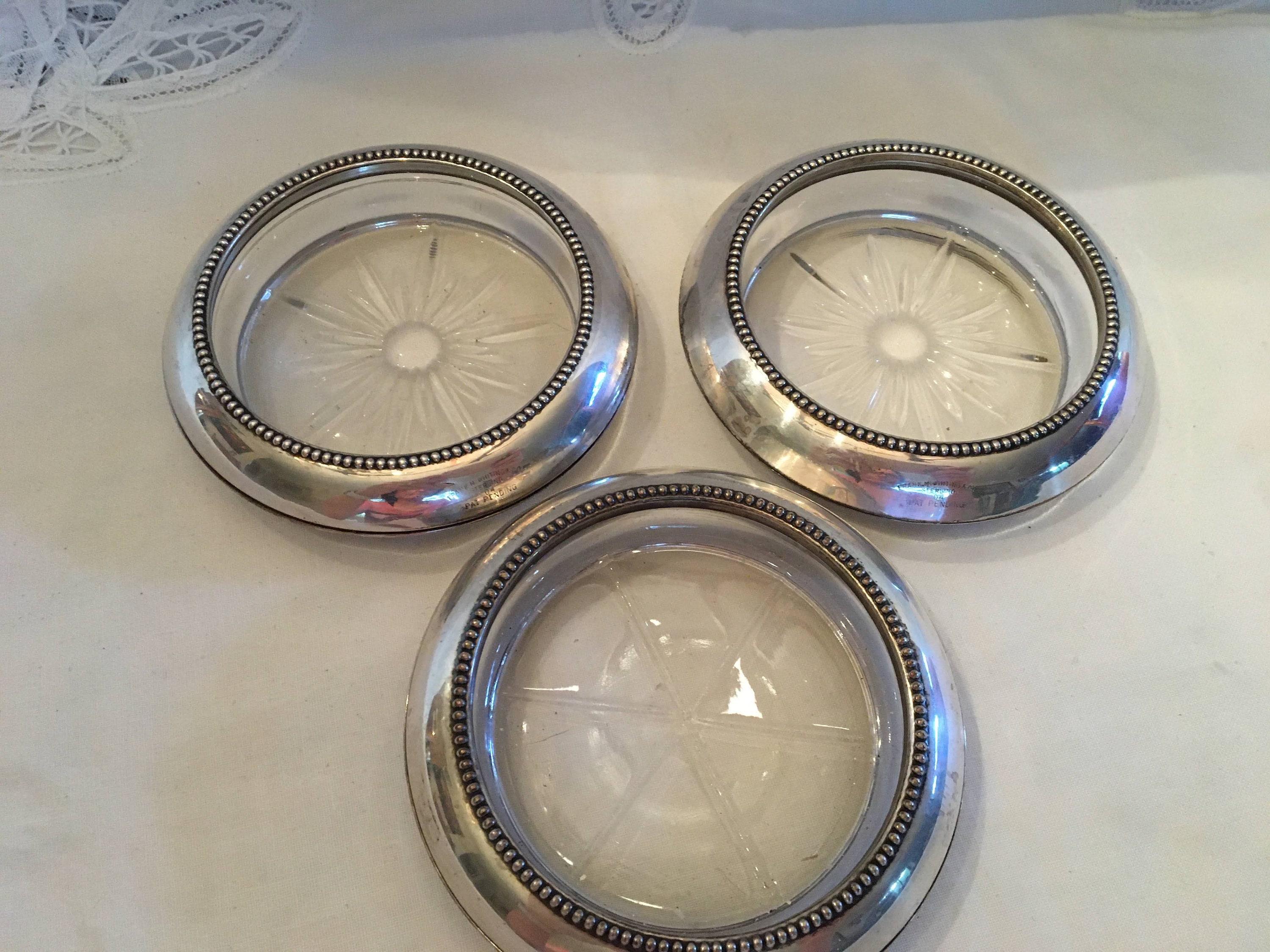 【FRANK M. WHITING】 【純銀/ガラス】コースター 5個組 Frank M. Whiting & Co. Sterling Silver Drink Coasters Set of