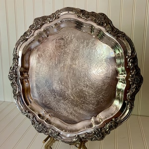 Vintage FB Rogers Silverplate Tray – Ornate Footed Round Tray, Silver on Copper, 16” (#7734)