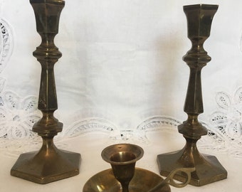 3 Brass Candlestick Holders Candle Holders Group Mixed Set-Brass Candlesticks-Vintage Solid Brass Candleholders-Brass-Wedding Décor