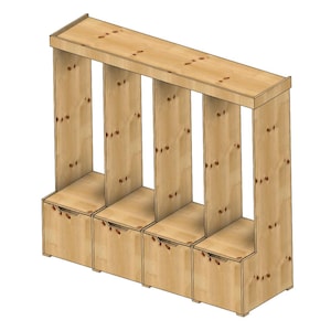 Puede incluir: Una unidad de almacenamiento de madera con cuatro compartimentos y tres cajones. La unidad está hecha de madera marrón claro y tiene un diseño simple y moderno.