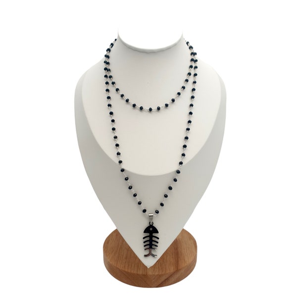 65 CM long rosary style necklace with black crystals and fish pendant. Gift for HER/HIM.