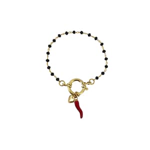 Rosary style bracelet with black crystals and lucky red horn pendant and gold sacred heart. Handmade.