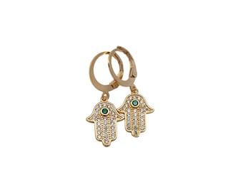 Orecchini Hamsa con zirconi, ciondoli Mano di Fatima con zirconi. Realizzati a mano.