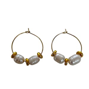 Steel hoop earrings with freshwater pearl and steel beads, gift for her/him. Handmade. Gift Ideas.