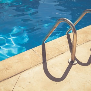 Hot, Sunny Day at an Empty Swimming Pool with Blue Water Sparkling in the Afternoon Sun, Lifestyle Photography, Printable Digital Download,