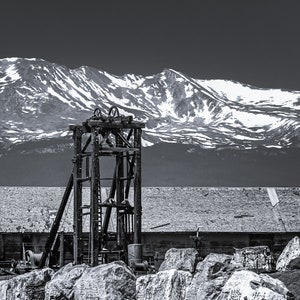 View of Rocky Mountains Behind Mining Equipment in Leadville, Colorado In Black and White, Landscape Photography, Printable Digital Download
