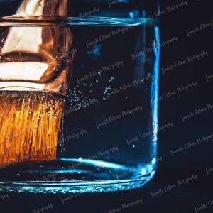 Close Up Artist Paintbrush with Gold Bristles In A Glass Of Water , Lifestyle Photography, Printable Digital Download, Wallpaper, Background