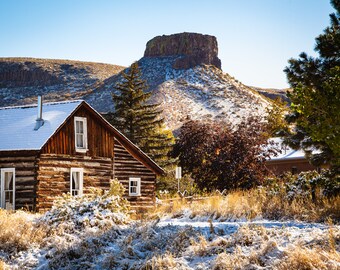South Table Mountain Golden, Colorado Winter Snow Rustic Log Cabin, Landscape Photography, Printable Digital Download, Wallpaper, Background
