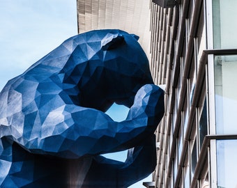 Big Blue Bear Sculpture Art Installment Looking In Building Downtown Denver, Colorado, Architecture Photography, Printable Digital Download