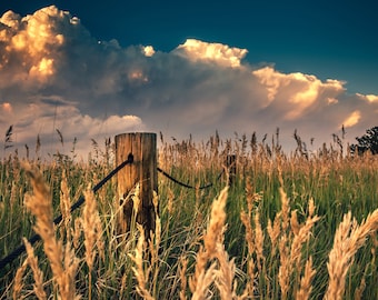 Clouds Rolling By at Sunset Above a Meadow in Summer, Landscape Photography, Printable Digital Download