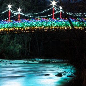 Lighted Bridge at Night, Christmas Over Clear Creek, Golden, Colorado, Printable Digital Download, Landscape Photography