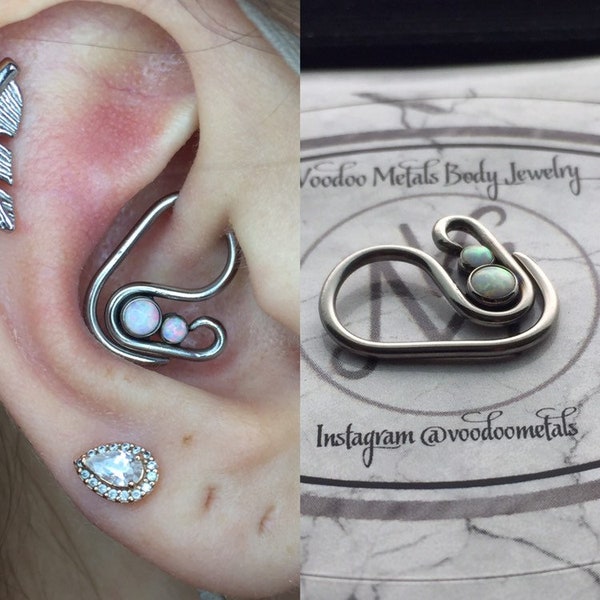 Handmade Hypoallergenic Niobium Daith Ring complete with two Opals.