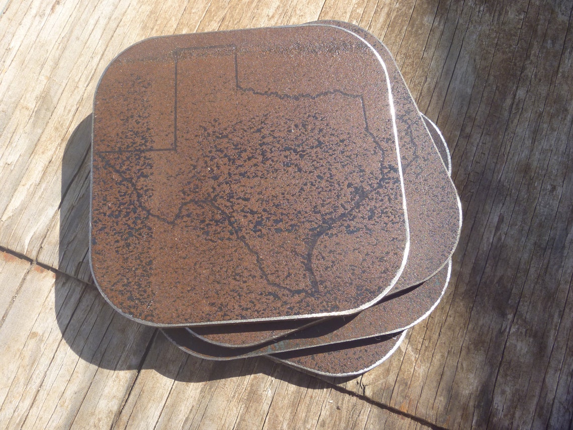 Rustic Metal Coaster, Engraved With the State of Texas, Set of 4, 4