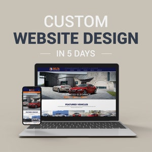 May include: A laptop and smartphone mockup showing a website design for a car dealership. The website features a red car on the homepage with the text "Elevated Elegance" and "Featured Vehicles".