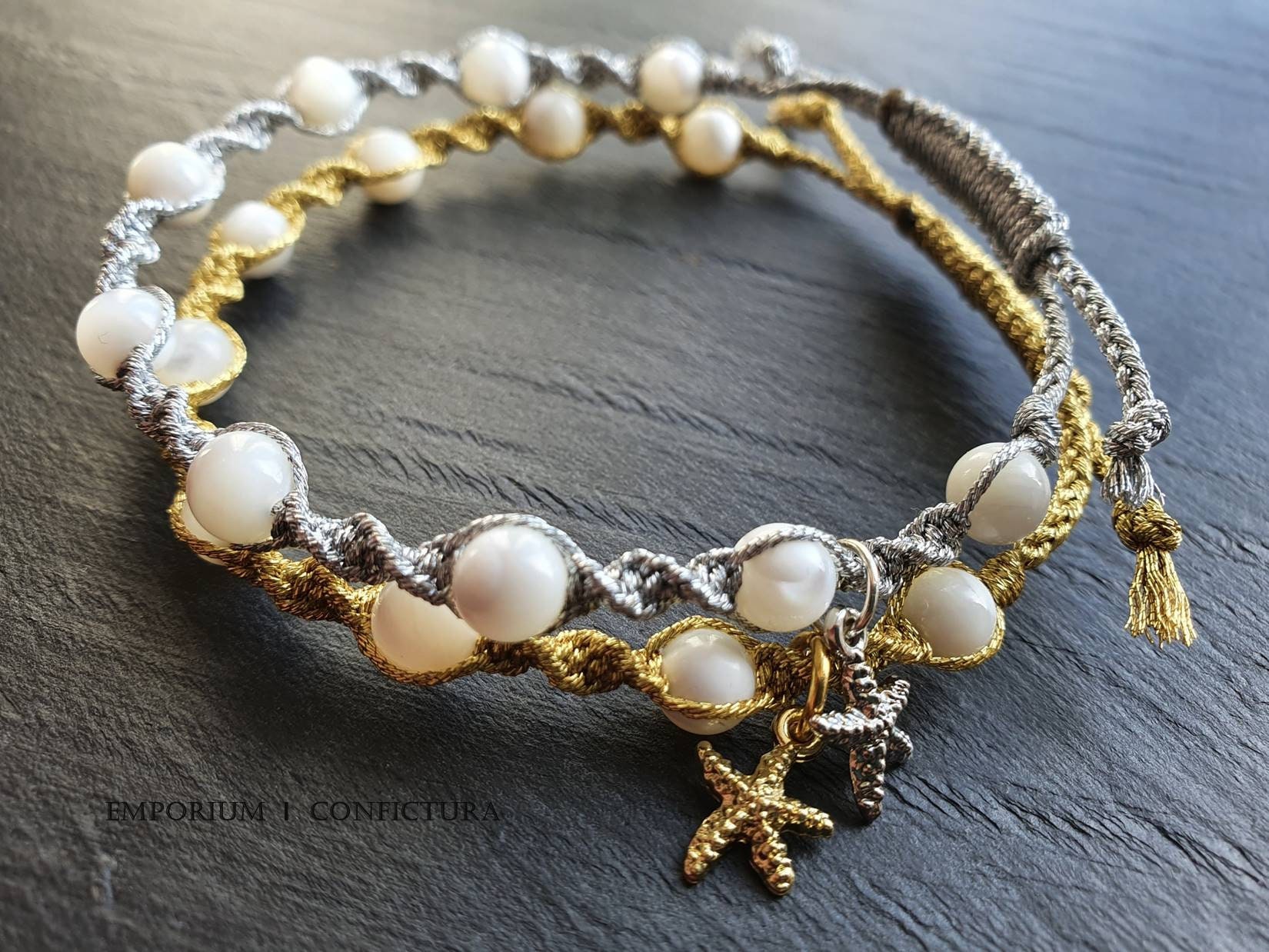 Adjustable Woven Bracelet Mother of Pearl Detail Fine Gold Etsy UK