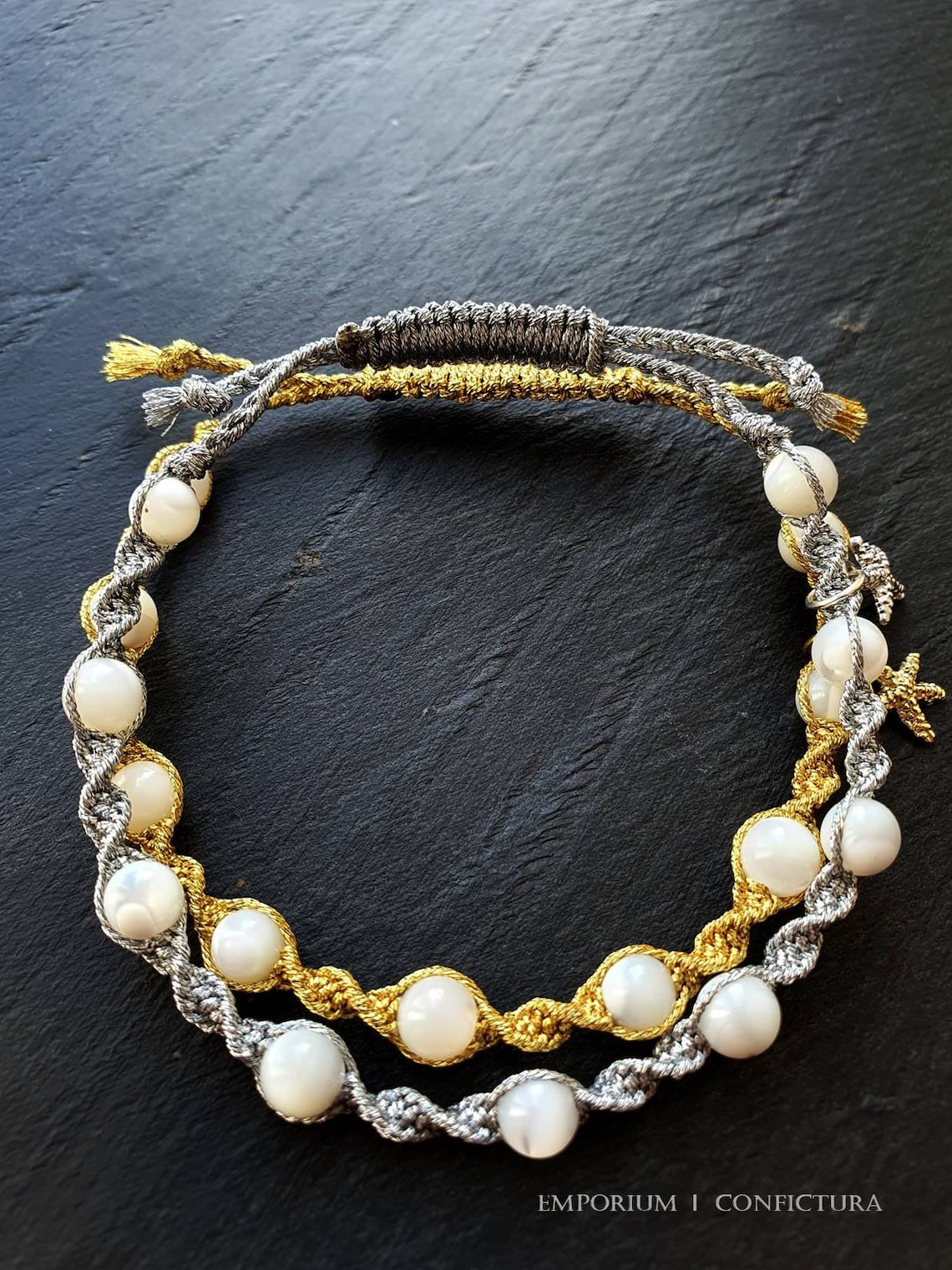 Adjustable Woven Bracelet Mother of Pearl Detail Fine Gold Etsy UK