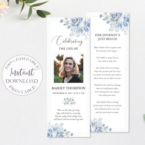 Funeral Bookmark Template, Printable Celebration of Life Floral Bookmarks, Editable Memorial Obituary Card, Funeral Keepsake Cards. F-004