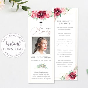 Obituary Bookmark Template, Printable Floral Funeral Bookmark, Custom Funeral Card, Burgundy Loss Of Mother Editable Memorial Card. F-007