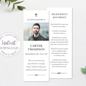 Funeral Bookmark Template, Printable Funeral Favor, Editable Funeral Card, Obituary Keepsake, Memorial Bookmarks, Instant Download, F-016