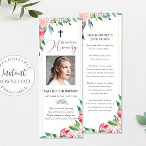 Funeral Bookmark Template, Floral Obituary Bookmark Printable, Celebration Of Life Memorial Card, Funeral Keepsake Cards,100% Editable.F-008