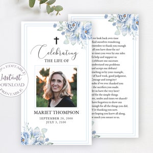 Funeral Prayer Card Floral Template, Printable Memorial Obituary Cards, Editable Celebration of Life Funeral Card,Catholic Mass Card. F-004