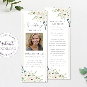 Obituary Bookmark Editable, White Flowers Printable Funeral Keepsake Card, Funeral Bookmark Template, Loss Of Mother Memorial Card. F-018