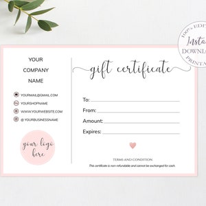 Gift Certificate Template, Editable Etsy Gift Card, Printable Small Business Insert, Email Gift Card, Add You Logo Card. SRP-011