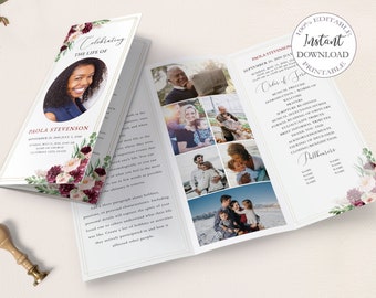 Trifold Funeral Program Template For Woman, Editable Loss Of Mother Funeral Programs, Printable Memorial Card, 3 Sizes Included. F-020