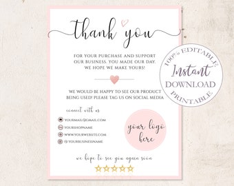 Thank You Business Cards Template, Editable Thank You Package Insert, Printable Customer Thank You, Add Your Logo Business Cards. SRP-005