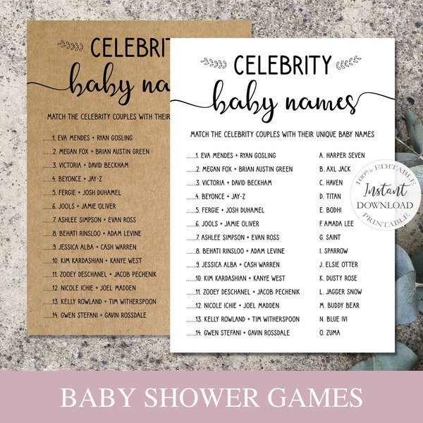 Rustic Baby Shower Games Template, Editable Celebrity Baby Names Game, Printable Baby Game, Virtual Baby Shower Games, 100% Editable.SRP-030