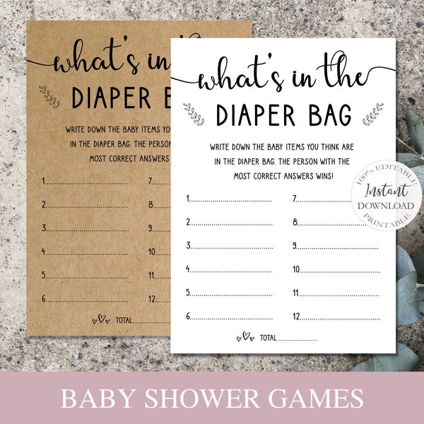 Baby shower spel afdrukbaar, wat zit er in de luiertas spel, baby games sjabloon, baby shower activiteit, diy baby games, 100% bewerkbaar. SRP-030