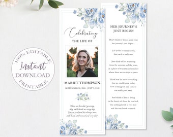 Funeral Bookmark Template, Printable Celebration of Life Floral Bookmarks, Editable Memorial Obituary Card, Funeral Keepsake Cards. F-004