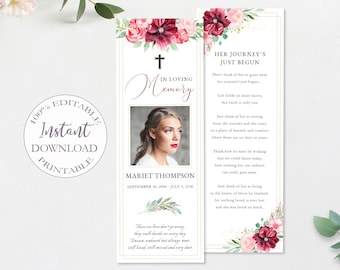 Obituary Bookmark Template, Printable Floral Funeral Bookmark, Custom Funeral Card, Burgundy Loss Of Mother Editable Memorial Card. F-007