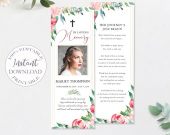 Funeral Bookmark Template, Floral Obituary Bookmark Printable, Celebration Of Life Memorial Card, Funeral Keepsake Cards,100% Editable.F-008