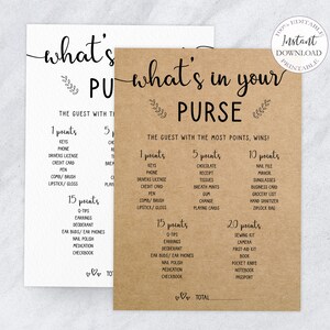 Rustic Baby Shower Games Printable, Editable Whats In Your Purse Game Card, Kraft Baby Shower Purse Game Template, Instant Download. SRP-030