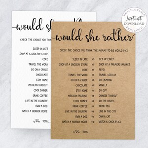 Baby Shower Games Printable, Rustic Would She Rather Editable, Kraft Baby Shower Rather Game Template, Instant Download. SRP-030