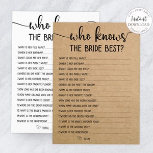 Bridal Shower Games Printable, Rustic Who Knows Bride Best Game, Editable Wedding Game, Fun Bachelorette Games Template. SRP-030