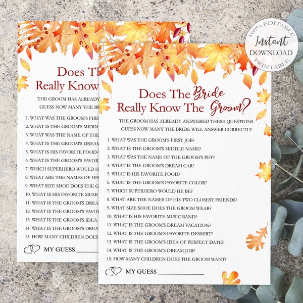 Fall Bridal Shower Games Printable, Editable Does The Bride Really Know The Groom Game, Fall Wedding Shower Games Template. SRP-008