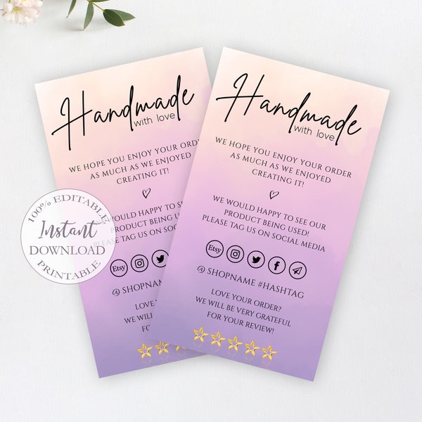 Handmade With Love Business Cards, Editable Thank You Cards, Printable Social Media Card Template, Etsy Shop Card For Customers. SRP-005