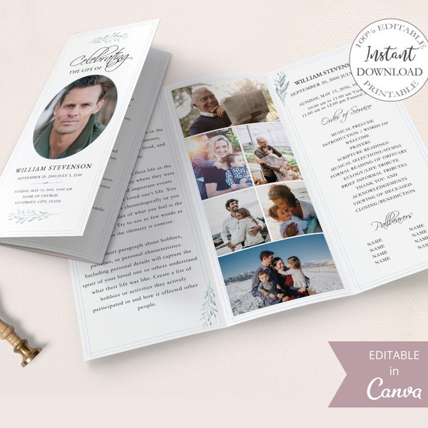 Trifold Funeral Program, Editable Canva Template, Greenery Editable Memorial Program, Printable Obituary Remembrance Card, 3 Sizes Included