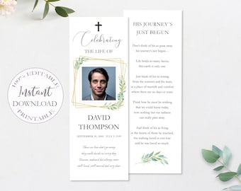 Funeral Bookmark Template, Greenery Celebration of Life Bookmark, Printable Funeral Keepsake Cards, Editable Obituary Bookmark. F-013