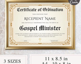 Ministry Certificate of Ordination Canva Template | Customizable Minister and Deacon License | Church Membership Form
