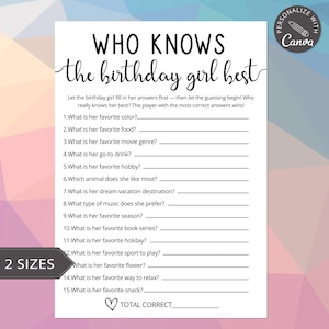 Who Knows The Birthday Girl Best Quiz Game | Canva Birthday Template | Trivia For Teens | Tween Birthday Game | Slumber Party Questions
