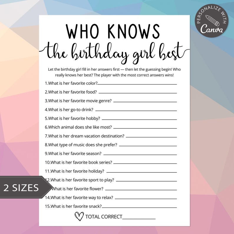 Who Knows The Birthday Girl Best Quiz Game | Canva Birthday Template | Trivia For Teens | Tween Birthday Game | Slumber Party Questions