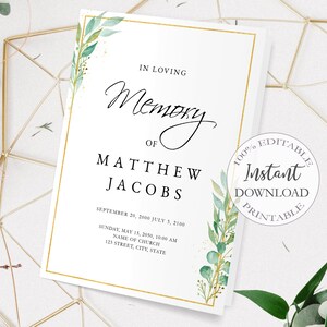 Funeral Program Template, Editable Greenery Memorial Prayer Card, Printable Order of Service, In Loving Memory Obituary Program. F-014