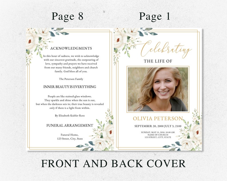 loss of father, funeral card, funeral brochure, celebration of life, funeral program, obituary template, loss of mother, in loving memory, loss of loved one, canva template, loss of grandmother, funeral template, obituary program