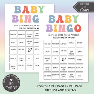 May include: A printable baby bingo card game with a colorful rainbow design. The card has a grid of 25 squares with various baby-related items listed in each square. The text on the card reads "Baby Bingo" and "As gifts are opened, mark any matches on your card. Five in a row wins!"