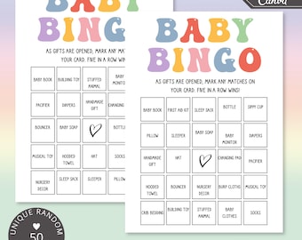Baby Shower Bingo Game, 50 Prefilled Gender Neutral Cards, Printable Canva Template, Virtual Baby Shower