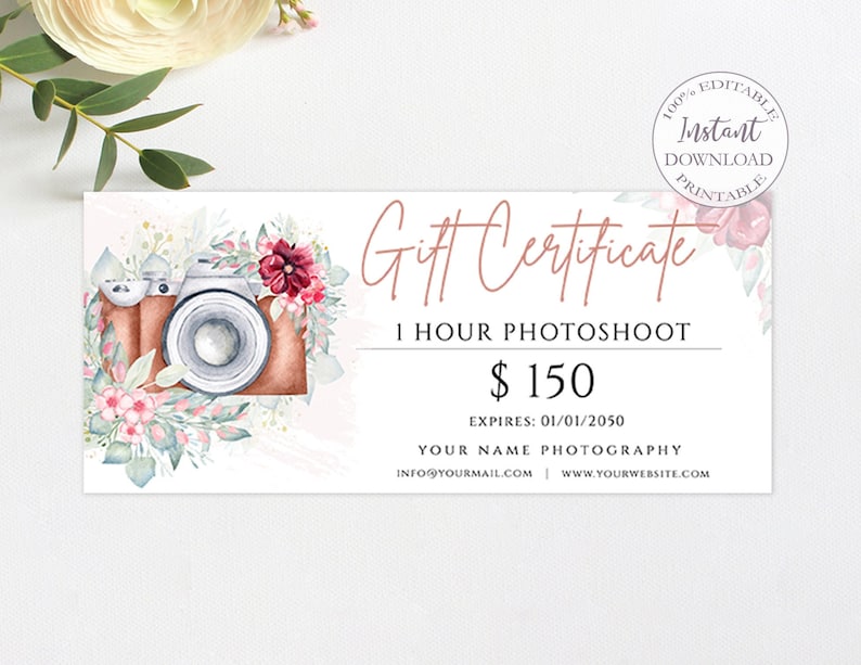 Photography Gift Certificate Template Printable Photo Session Etsy