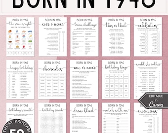May include: A collection of fifteen white paper birthday game sheets titled Born in 1946, featuring black text and graphics. The set includes games like trivia, bingo, charades, and word searches, with a circular badge stating 50 Games.